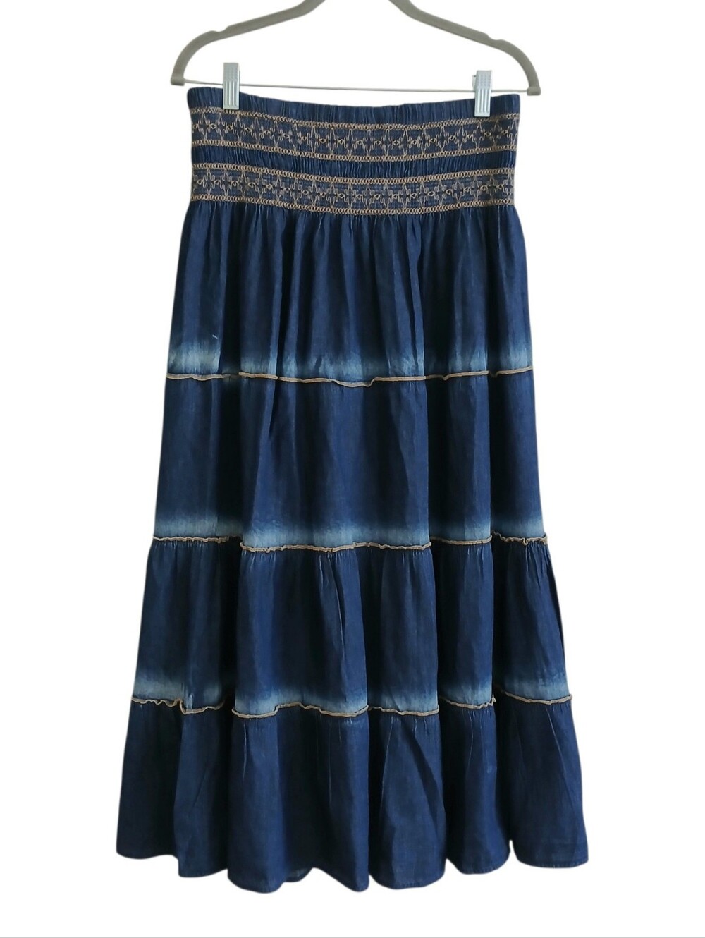 Tiered Smocked Chambray Maxi Skirt Women's L 100% Cotton Cottagecore Modest